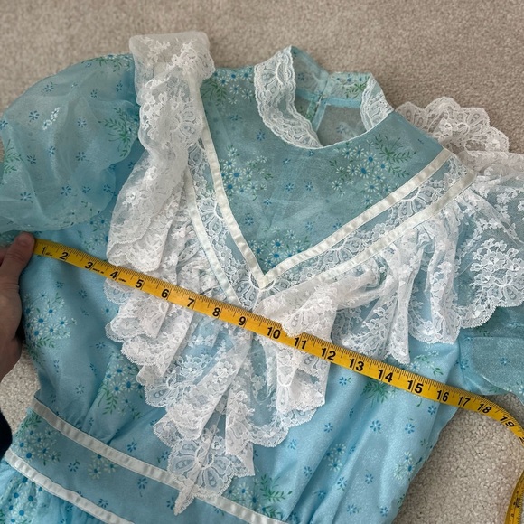 Vintage 70s Gunne Sax Style Blue Prairie Dress High Neck Lace Trim Cottagecore - Picture 9 of 15